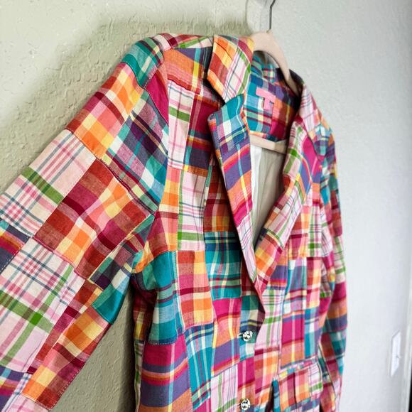 SAM TY Blazer 6 Madras‎ Plaid Patchwork Cotton Crystal Buttons Lined Preppy - Picture 7 of 14